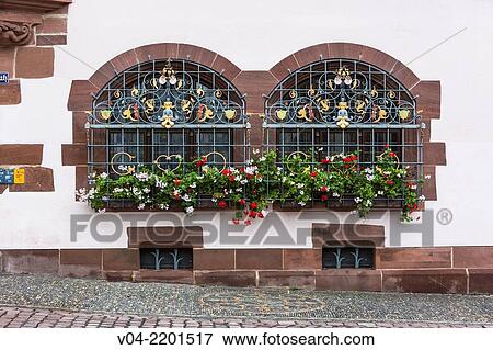 Stock Photo - Adorned and decorated window on a house in Freiburg im Breisgau, Baden-Wuerttemberg, Germany, Europe. Fotosearch