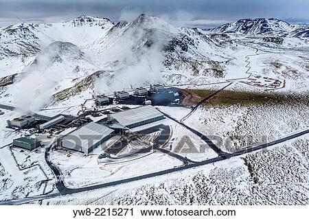 Stock Image - Aerial view of Hellisheidi Power Plant in the winter, Iceland.. Fotosearch
