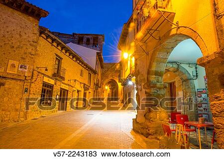 Arch of Arrebatacapas from España Square, night view. Atienza, Guadalajara province, Castilla La Mancha, Spain. View Large Photo Image Stock Image - Arch of Arrebatacapas from España Square, night view. Atienza, Guadalajara province, Castilla La Mancha, Spain.. Fotosearch