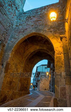 Arch of Arrebatacapas, night view. Atienza, Guadalajara province, Castilla La Mancha, Spain. View Large Photo Image Stock Image - Arch of Arrebatacapas, night view. Atienza, Guadalajara province, Castilla La Mancha, Spain.. Fotosearch