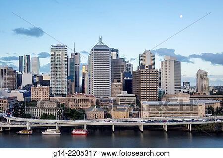 Australia, Queensland, Brisbane, Central, Business, District, CBD, city skyline, skyscrapers, buildings, view from South Bank, Pacific Motorway, M3, Brisbane River, Moon, dusk. View Large Photo Image Stock Photo - Australia, Queensland, Brisbane, Central, Business, District, CBD, city skyline, skyscrapers, buildings, view from South Bank, Pacific Motorway, M3, Brisbane River, Moon, dusk.. Fotosearch