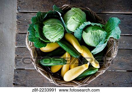 Stock Image - Basket of cabbage, squash and zucchini.. Fotosearch