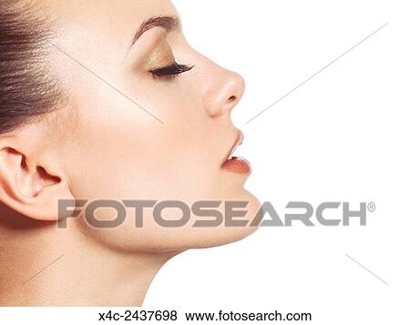 Beautiful Young Woman Face Profile Closeup Isolated On White Background Stock Photo X4c Fotosearch