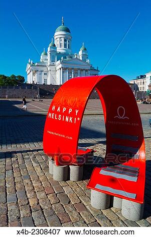 Stock Photo - Bench, Senaatintori, Senate Square, with cathedral in background, Helsinki, Finland, Europe.. Fotosearch