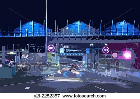 Stock Photo - blurry watercolour style image of on-ramp to Warringah Freeway at night, Neutral Bay.. Fotosearch