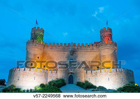 Castle, night view. Manzanares El Real, Madrid province, Spain. View Large Photo Image Stock Photo - Castle, night view. Manzanares El Real, Madrid province, Spain.. Fotosearch