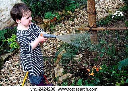 Child watering a garden View Large Photo Image Stock Photo - Child watering a garden. Fotosearch