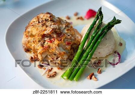 Crabcake and asparagus. View Large Photo Image Stock Image - Crabcake and asparagus.. Fotosearch