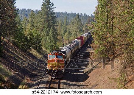 Distributed power at the end of a Burlington Northern Santa Fe mixed manifest freight train near Overlook siding in Spokane, Washington, USA. View Large Photo Image Picture - Distributed power at the end of a Burlington Northern Santa Fe mixed manifest freight train near Overlook siding in Spokane, Washington, USA.. Fotosearch