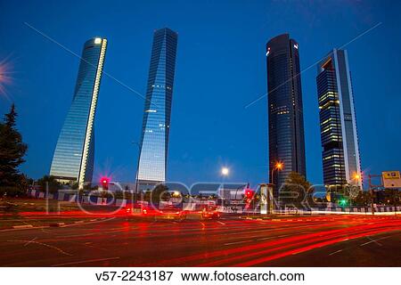 Four Towers Business Area, night view. Madrid, Spain. View Large Photo Image Stock Photo - Four Towers Business Area, night view. Madrid, Spain.. Fotosearch
