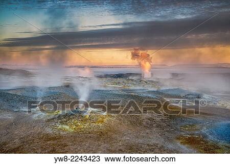 Stock Image - Geothermal hot springs, mud pots and fumaroles, Namaskard close to Lake Myvatn, Northern, Iceland.. Fotosearch