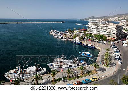 Greece, East Macedonia and Thrace Region, Kavala, elevated city view with Kavala Harbor, morning. View Large Photo Image Stock Photo - Greece, East Macedonia and Thrace Region, Kavala, elevated city view with Kavala Harbor, morning.. Fotosearch