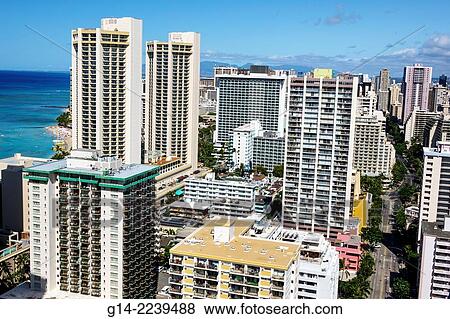 Hawaii, Hawaiian, Honolulu, Waikiki Beach, Pacific Ocean, resort, high rise building, hotels, condominium buildings, View Large Photo Image Stock Photo - Hawaii, Hawaiian, Honolulu, Waikiki Beach, Pacific Ocean, resort, high rise building, hotels, condominium buildings,. Fotosearch