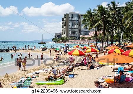 Hawaii, Hawaiian, Honolulu, Waikiki Beach, resort, Kuhio Beach State Park, Pacific Ocean, sunbathers, umbrellas, families, crowded, Sheraton Waikiki, hotel, View Large Photo Image Stock Photograph - Hawaii, Hawaiian, Honolulu, Waikiki Beach, resort, Kuhio Beach State Park, Pacific Ocean, sunbathers, umbrellas, families, crowded, Sheraton Waikiki, hotel,. Fotosearch