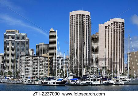 Hawaii, Oahu, Waikiki, Ala Wai Yacht Harbor, skyline,. View Large Photo Image Stock Image - Hawaii, Oahu, Waikiki, Ala Wai Yacht Harbor, skyline,.. Fotosearch