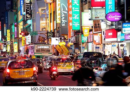 Stock Photo - Heavy traffic in Ximending area, Taipei, Taiwan, East Asia.. Fotosearch