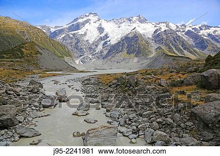 Stock Image - Hooker Valley in Mount Cook National Park on the South Island of New Zealand river thawing in the first place.. Fotosearch