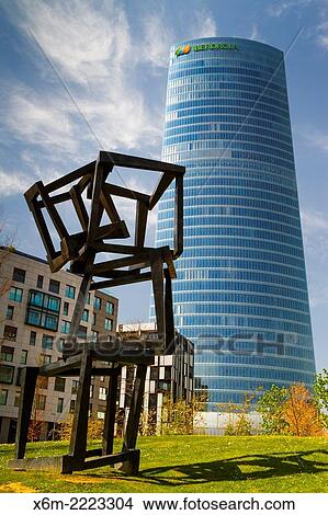 Picture - Iberdrola Tower and Chaos Nervion sculpture. Bilbao, Biscay, Basque Country, Spain, Europe.. Fotosearch