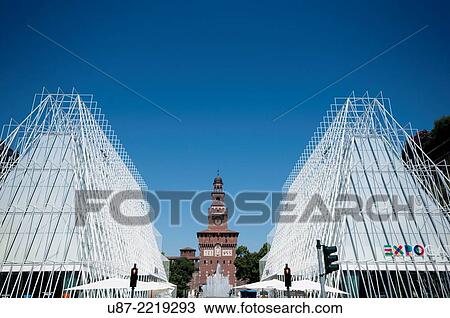 Stock Image - Italy, Lombardy, Milan, Milan Expo Gate, Info Point in Castle Square for the World Exposition 2015.. Fotosearch