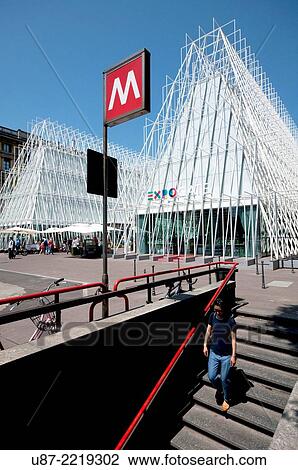 Stock Image - Italy, Lombardy, Milan, Milan Expo Gate, Info Point in Castle Square for the World Exposition 2015.. Fotosearch