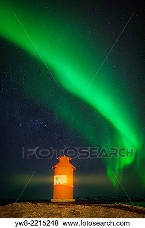 Lighthouse with Aurora Borealis or Northern Lights, Iceland. View Large Photo Image Stock Photo - Lighthouse with Aurora Borealis or Northern Lights, Iceland.. Fotosearch