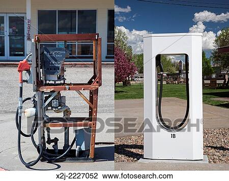 Lusk, Wyoming - A stripped gasoline pump (left) at a closed general store. A block away is a Tesla Supercharger in the parking lot of a motel. The Supercharger is designed to give a give a quick charge to a Tesla Model S luxury electric car. View Large Photo Image Stock Image - Lusk, Wyoming - A stripped gasoline pump (left) at a closed general store. A block away is a Tesla Supercharger in the parking lot of a motel. The Supercharger is designed to give a give a quick charge to a Tesla Model S luxury electric car.. Fotosearch