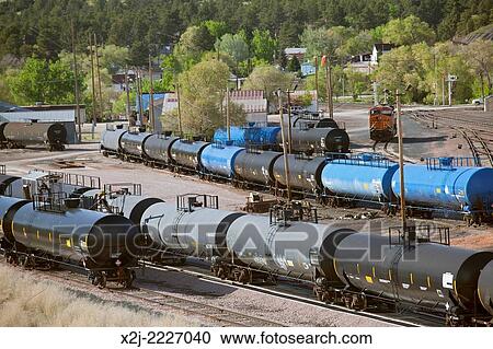 Stock Image - Newcastle, Wyoming - Petroleum tank cars at the BNSF Railway yard.. Fotosearch