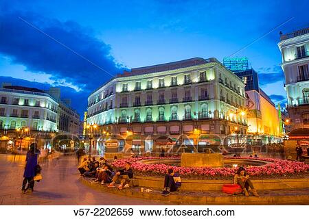 Puerta del Sol, night view. Madrid, Spain. View Large Photo Image Stock Photo - Puerta del Sol, night view. Madrid, Spain.. Fotosearch