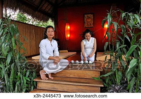 Stock Image - room for massage, open on one side, at Muang La Resort, Muang La, Oudomxay Province in northwestern Laos, Southeast Asia.. Fotosearch