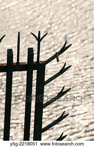 sharp metal spikes on fence gate by river View Large Photo Image Stock Image - sharp metal spikes on fence gate by river. Fotosearch