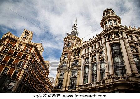 Streets and buildings in Madrid, Spain. View Large Photo Image Stock Photography - Streets and buildings in Madrid, Spain.. Fotosearch