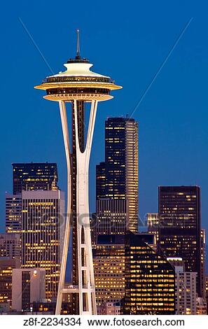 The Space Needle and downtown office buildings at twilight from Kerry Park on Queen Anne Hill Seattle, Washington. View Large Photo Image Picture - The Space Needle and downtown office buildings at twilight from Kerry Park on Queen Anne Hill Seattle, Washington.. Fotosearch