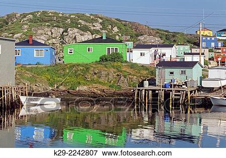 Typical fishing village- Harbour, boats, fish shanties and piers, Rose Blanche, NL, Canada. View Large Photo Image Stock Photo - Typical fishing village- Harbour, boats, fish shanties and piers, Rose Blanche, NL, Canada.. Fotosearch