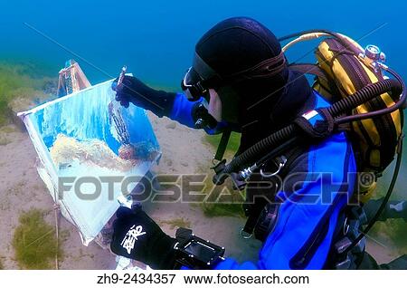 Stock Photo - Underwater artist Yuriy Alexeev (Yuri Alekseev) paints a picture under water. Lake Baikal, Listvyanka, Irkutsky District, Irkutsk Oblast, Siberia, Russia, Eurasia.. Fotosearch