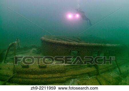 Stock Photo - upper deck. Diver at the shipwreck of the Austrian wheel steamship Durnstein, Odessa, Black Sea, Ukraine, Eastern Europe, Europe.. Fotosearch