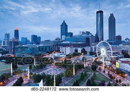 USA, Georgia, Atlanta, Centenial Olympic Park, elevated city view with ferris wheel, dusk. View Large Photo Image Stock Image - USA, Georgia, Atlanta, Centenial Olympic Park, elevated city view with ferris wheel, dusk.. Fotosearch