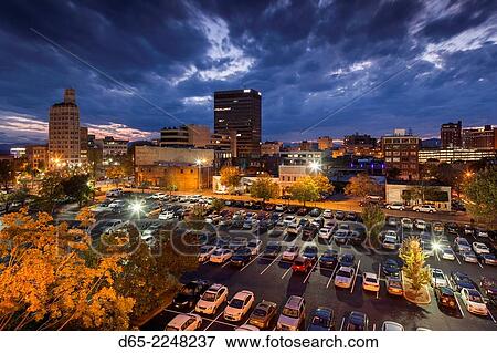USA, North Carolina, Asheville, elevated view of downtown, dusk. View Large Photo Image Stock Photo - USA, North Carolina, Asheville, elevated view of downtown, dusk.. Fotosearch