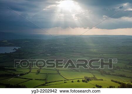 Stock Image - View towards Llangorse lake from Mynydd Llangorse, Brecon Beacons national park, Wales.. Fotosearch