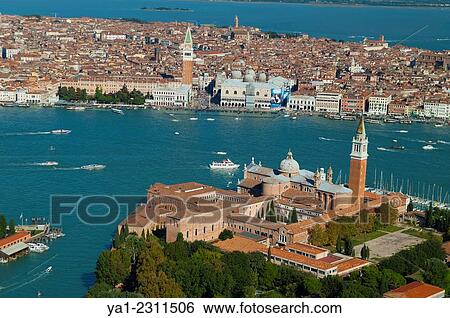 Stock Photograph - Aerial view of San Giorgio Maggiore and Venice, Italy, Europe.. Fotosearch