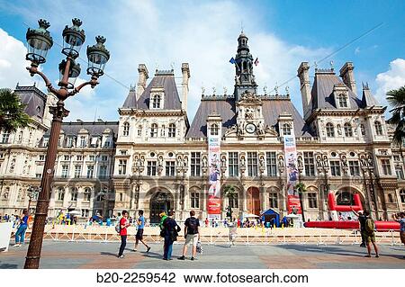 Stock Image - Children playing. Summer beach. HÃ´tel de Ville City Hall. Paris. France. Europe.. Fotosearch