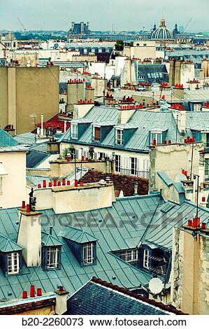 Stock Image - Parisian rooftops and chimneys. Latin Quartier. Paris. France.. Fotosearch