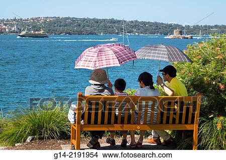 Picture - Australia, New South Wales, Sydney, Royal Botanic Gardens, People looking at Parramatta River. Fotosearch