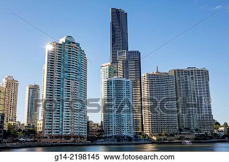 Stock Photography - Australia, Queensland, Brisbane, Central Business District, Brisbane River, Cityscape with Admiralty Towers. Fotosearch