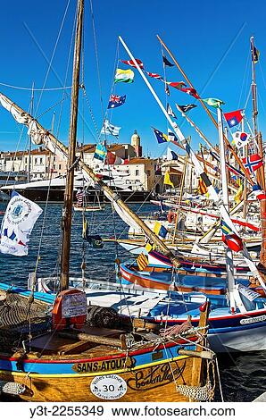 Europe, France, Var, Saint-Tropez. Traditional fishing boat, named pointu in the old port during the Latina sails. View Large Photo Image Stock Photo - Europe, France, Var, Saint-Tropez. Traditional fishing boat, named pointu in the old port during the Latina sails.. Fotosearch