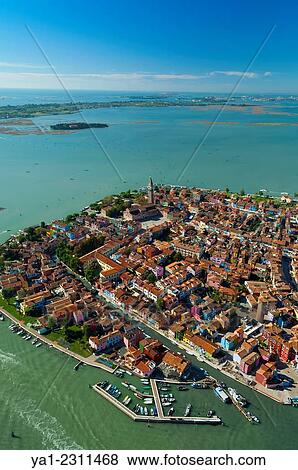 Stock Photo - Aerial view of Burano island, Venice lagoon, Italy, Europe.. Fotosearch