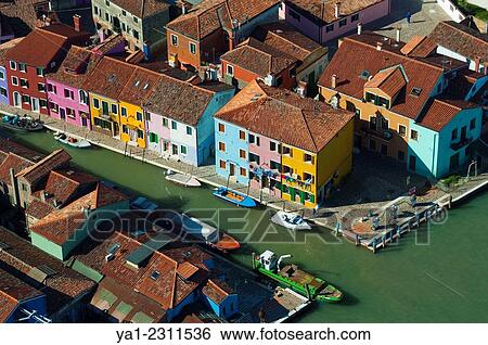 Stock Photograph - Aerial view of Burano island, Venice lagoon, Italy, Europe.. Fotosearch
