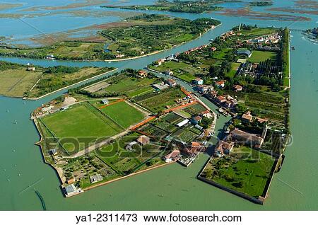 Stock Image - Aerial view of isola Mazzorbo, Mazzorbetto and dei Laghi islands, Venice lagoon, Italy, Europe.. Fotosearch
