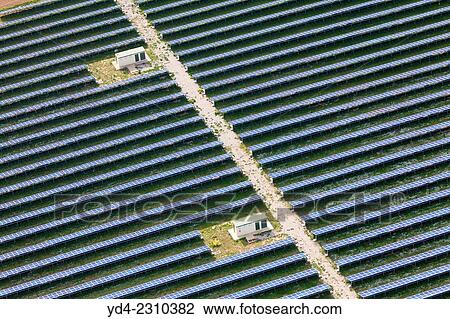 Stock Image - Aerial view of solar panel farm, Mallorca, Balearic Island, Spain.. Fotosearch