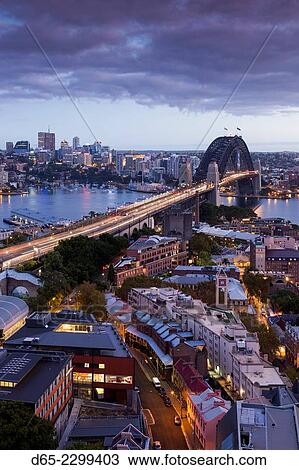 Australia, New South Wales, NSW, Sydney, Sydney Harbour Bridge, elevated view, dawn. View Large Photo Image Stock Image - Australia, New South Wales, NSW, Sydney, Sydney Harbour Bridge, elevated view, dawn.. Fotosearch