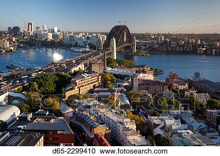 Australia, New South Wales, NSW, Sydney, Sydney Harbour Bridge, elevated view, dawn. View Large Photo Image Stock Image - Australia, New South Wales, NSW, Sydney, Sydney Harbour Bridge, elevated view, dawn.. Fotosearch